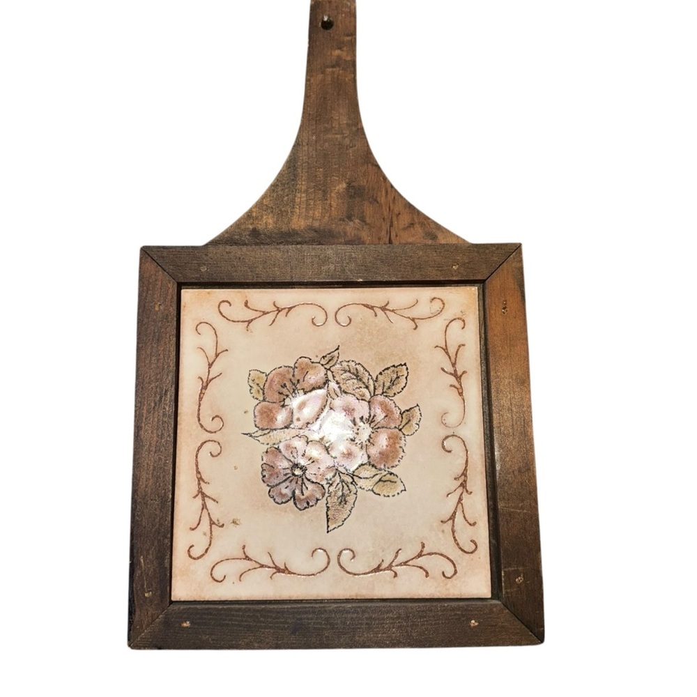 Vintage Ceramic Tile Trivet Glazed  Floral MCM Made Italy Wood Framed Stoneware